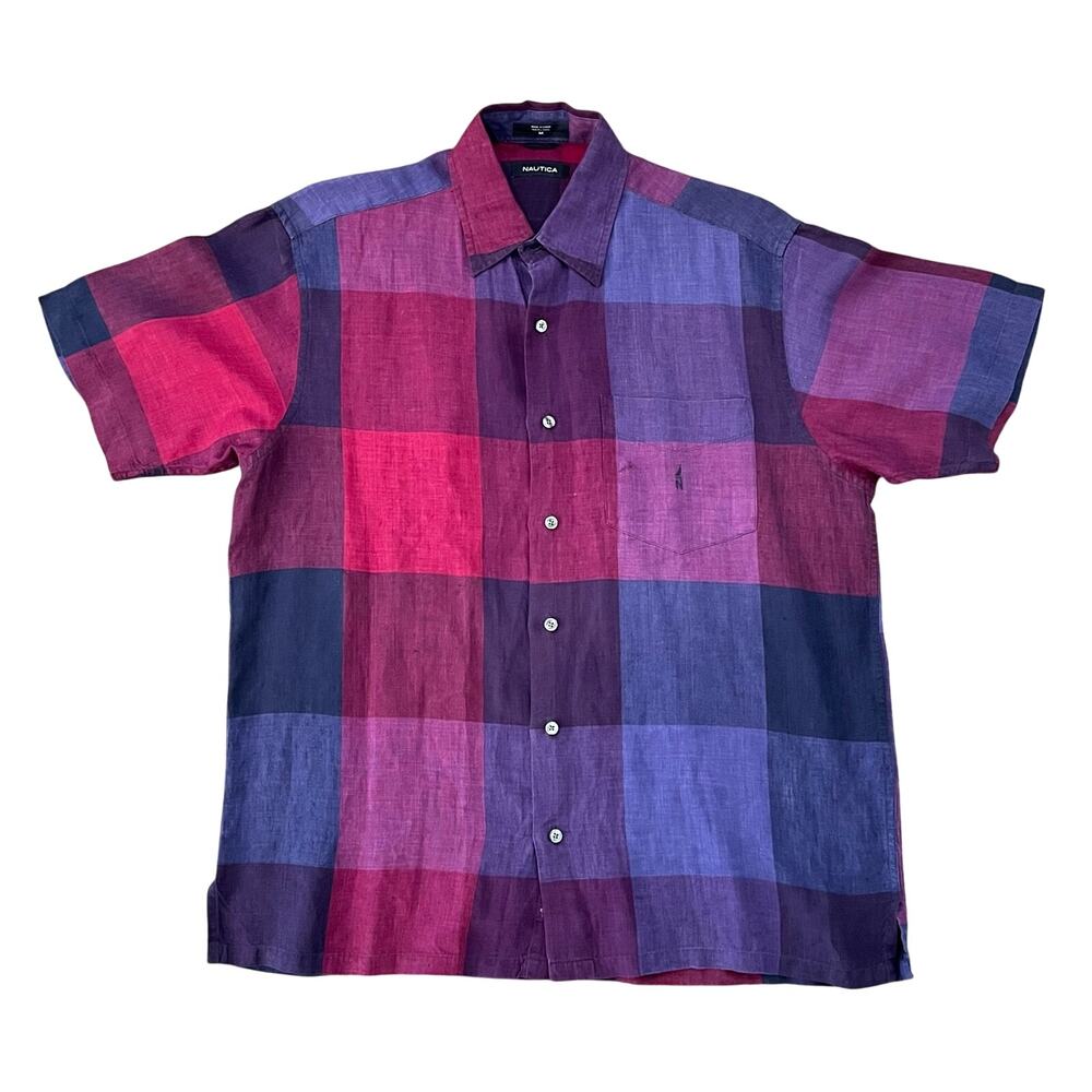 Nautica Linen Men's Hawaiian Shirt Sz M Button Up Pocket Short Sleeve Plaid EUC